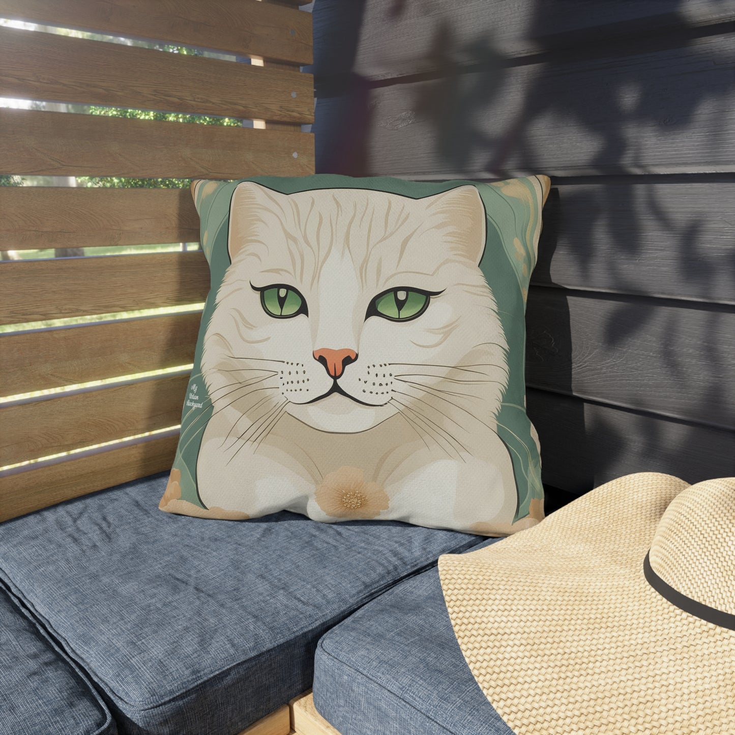 Green-Eyed Cat, Slate Green accent color, Throw Pillow, Indoor/Outdoor Decor for Home or Office