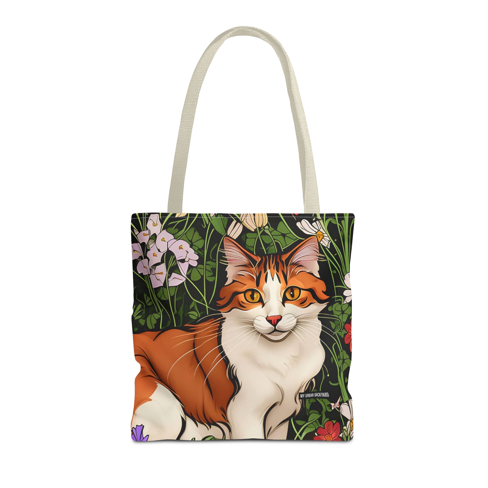 Orange Cat with Flowers, Tote Bag w Cotton Handles