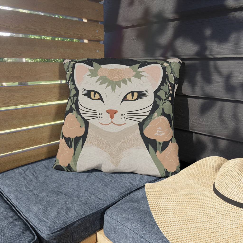 Genevieve Meowcroft, Sage accent color, Cat Throw Pillow, Indoor/Outdoor Decor for Home or Office