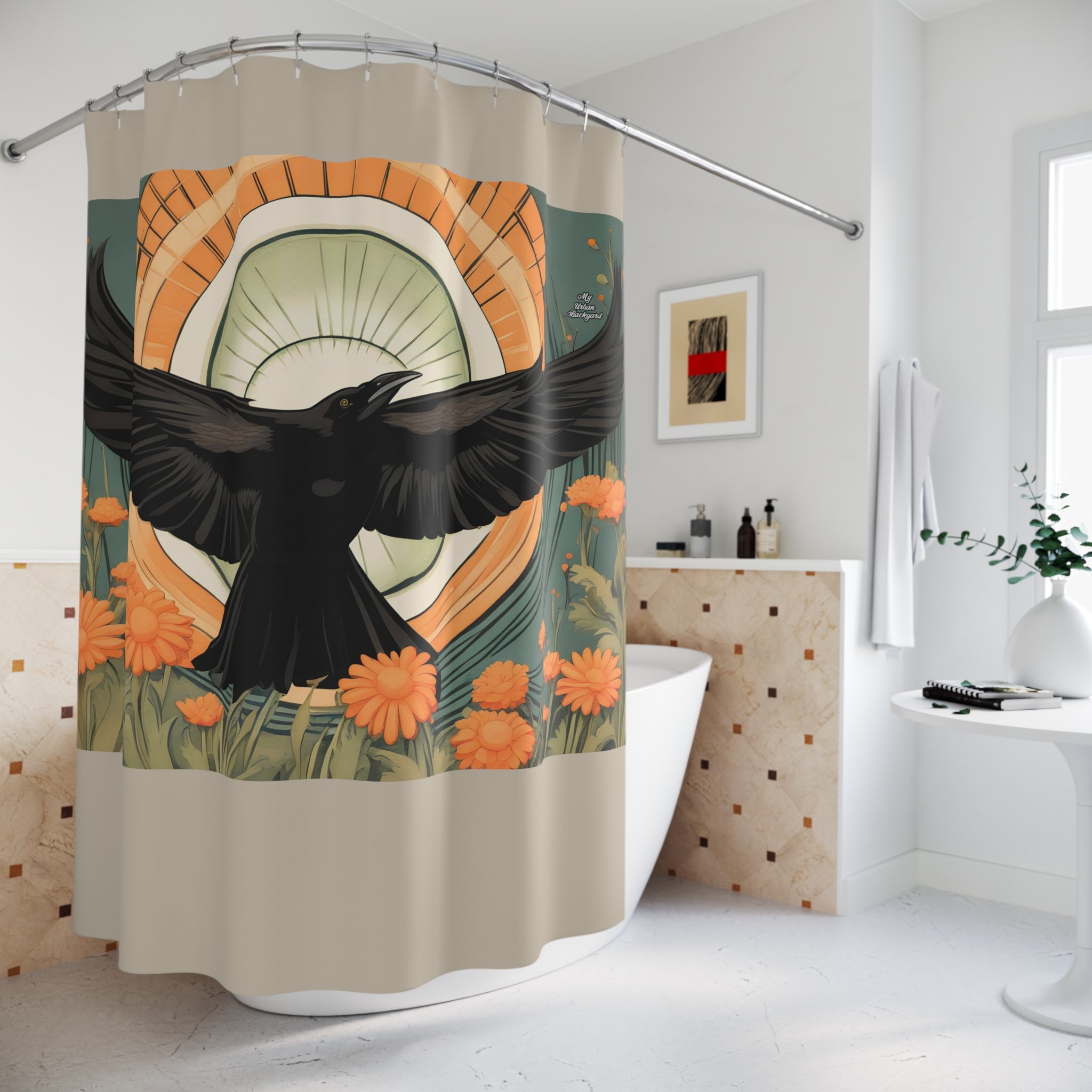 Tan Shower Curtain with Flying Crow - 71" x 74"