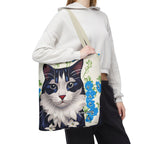 Cat and Blue Flowers Tote Bag with Cotton Handles For Everyday Use, 3 Sizes