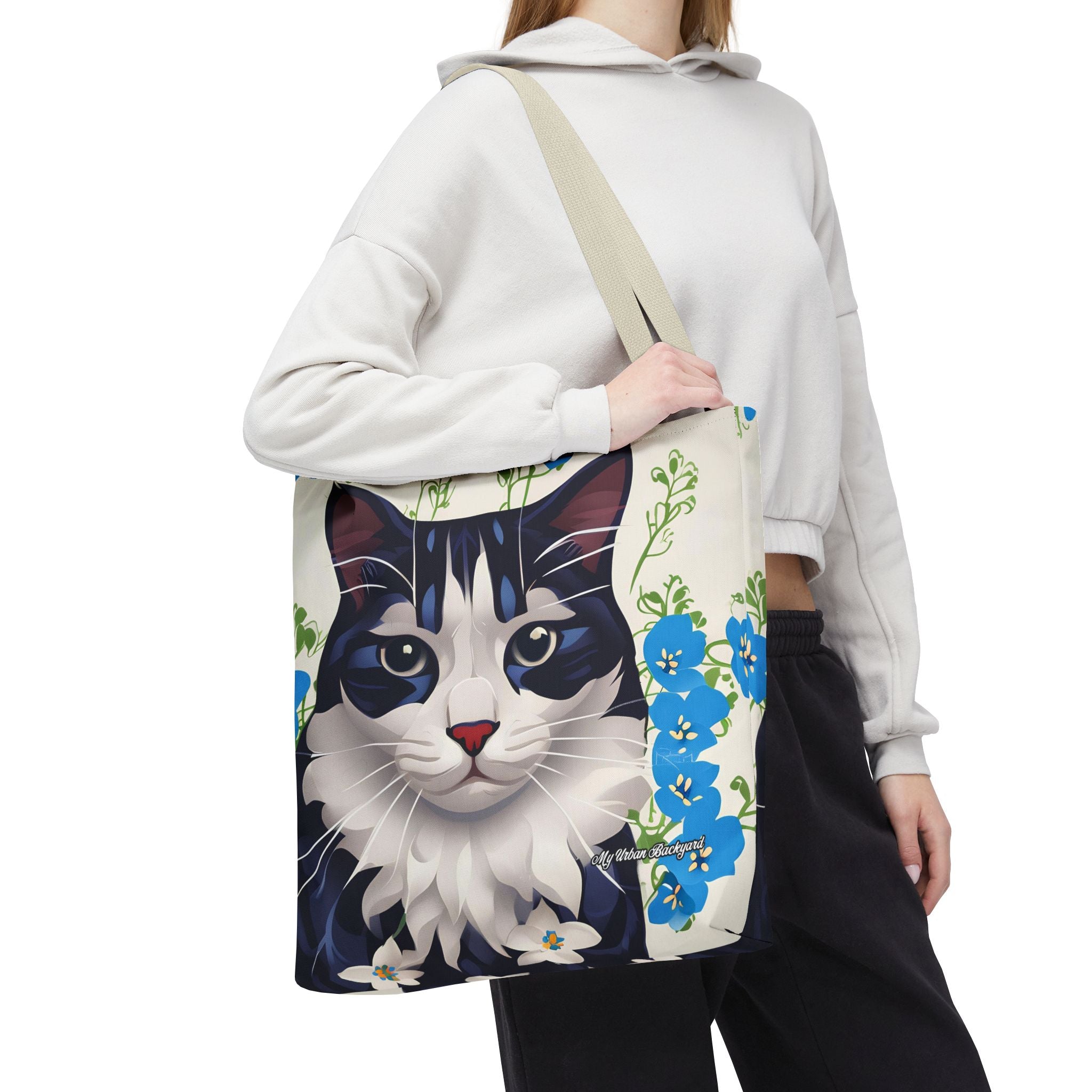 Cat and Blue Flowers Tote Bag with Cotton Handles For Everyday Use, 3 Sizes