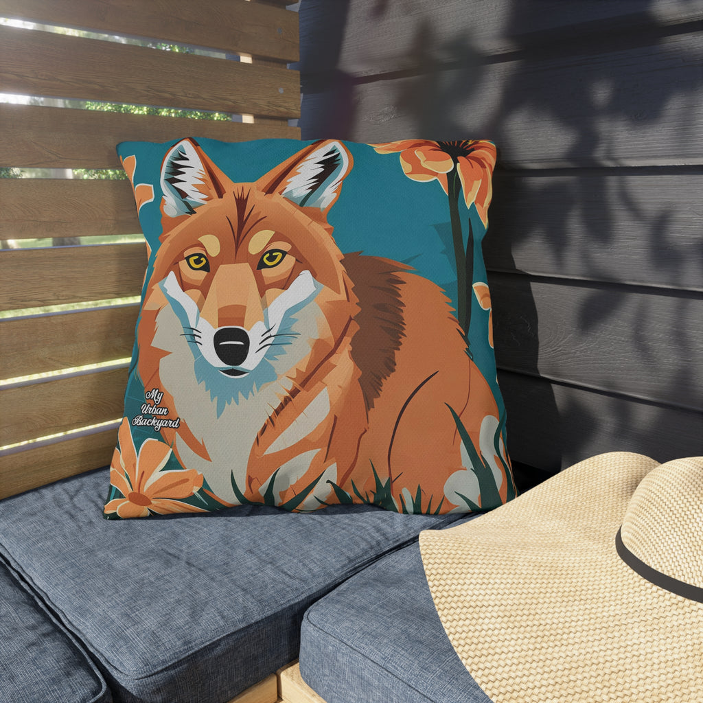 Coyote and Wildflowers, Sable accent color, Throw Pillow, Indoor/Outdoor Decor for Home or Office