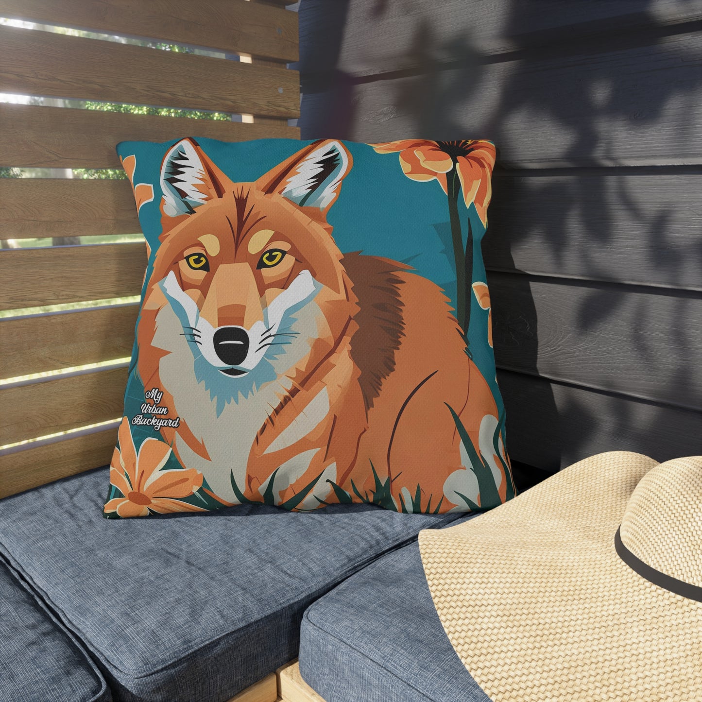 Coyote and Wildflowers, Sable accent color, Indoor/Outdoor Throw Pillow Decor for Patio or Office