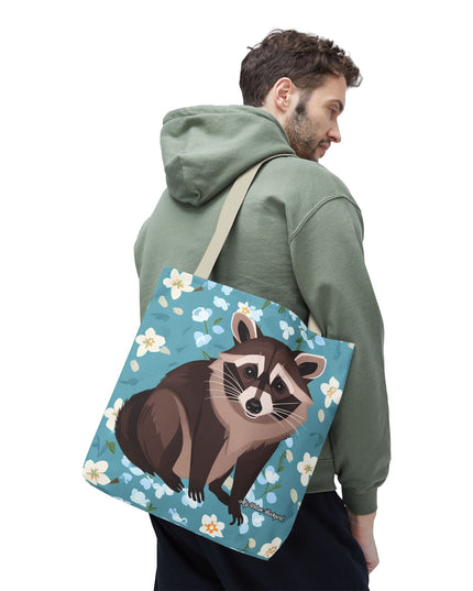 Young Raccoon w Flowers Tote Bag with Cotton Handles For Everyday Use, 3 Sizes