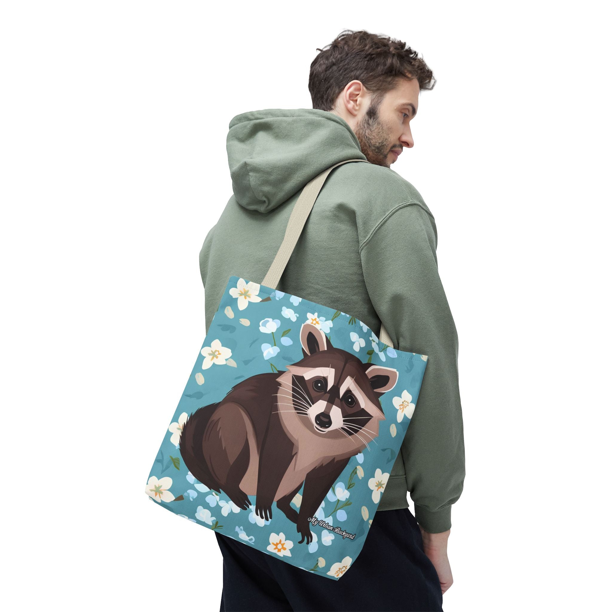 Young Raccoon w Flowers Tote Bag with Cotton Handles For Everyday Use, 3 Sizes