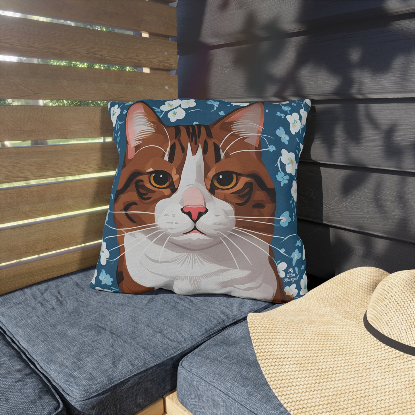 Orange Cat and Flowers, Sable accent color, Indoor/Outdoor Throw Pillow Decor for Patio or Office