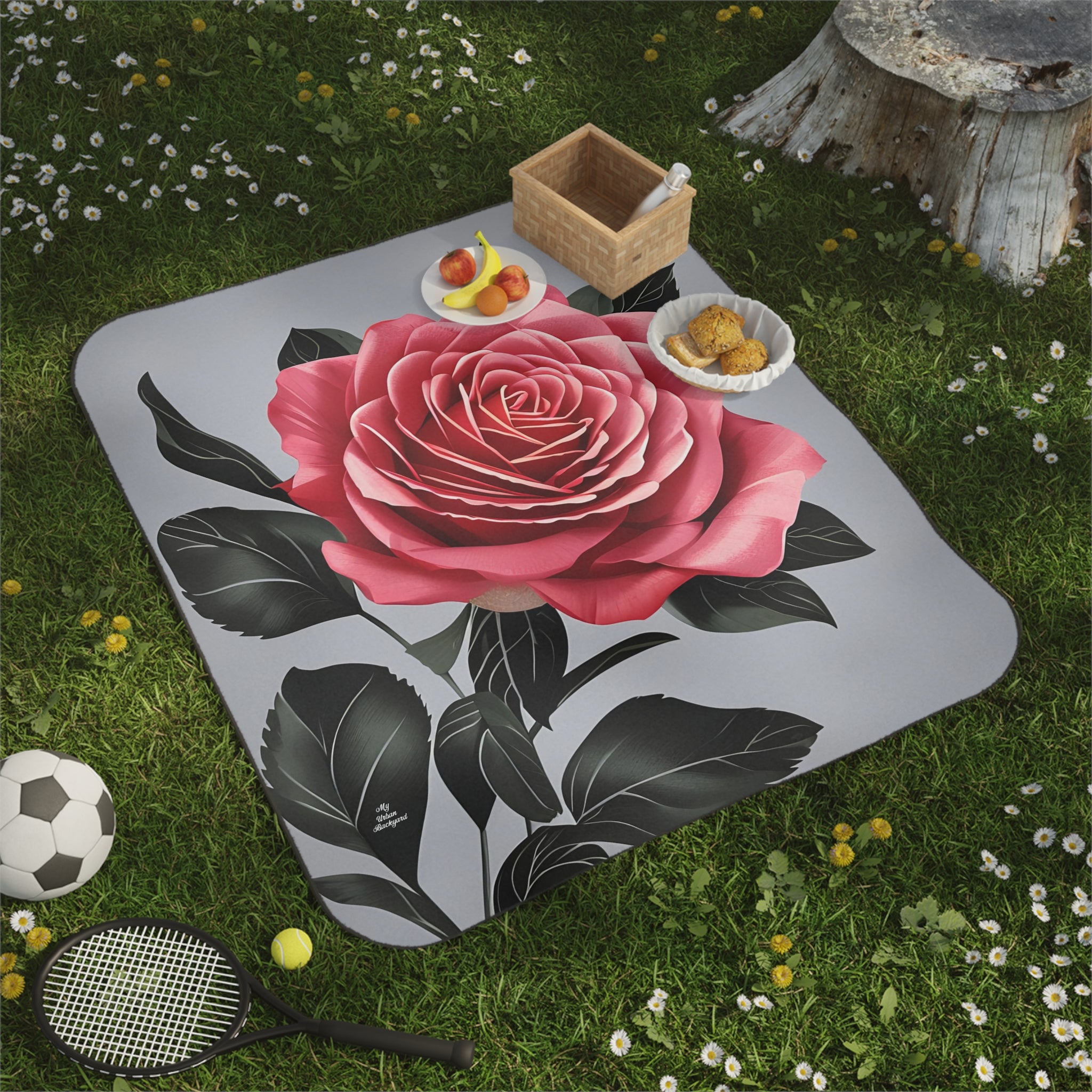 Single Rose Flower, Cozy Outdoor Picnic Blanket, Water-Resistant Bottom, 51" × 61"