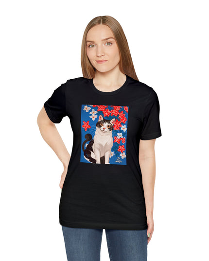 Cat with Red and White Flowers, Soft 100% Jersey Cotton T-Shirt, Unisex, Short Sleeve, Retail Fit