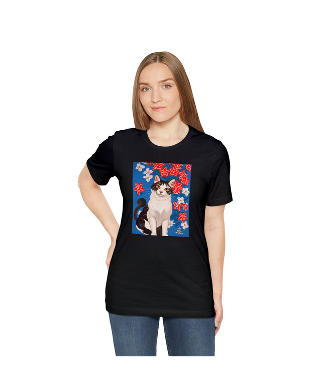 Cat with Red and White Flowers, Soft 100% Jersey Cotton T-Shirt, Unisex, Short Sleeve, Retail Fit