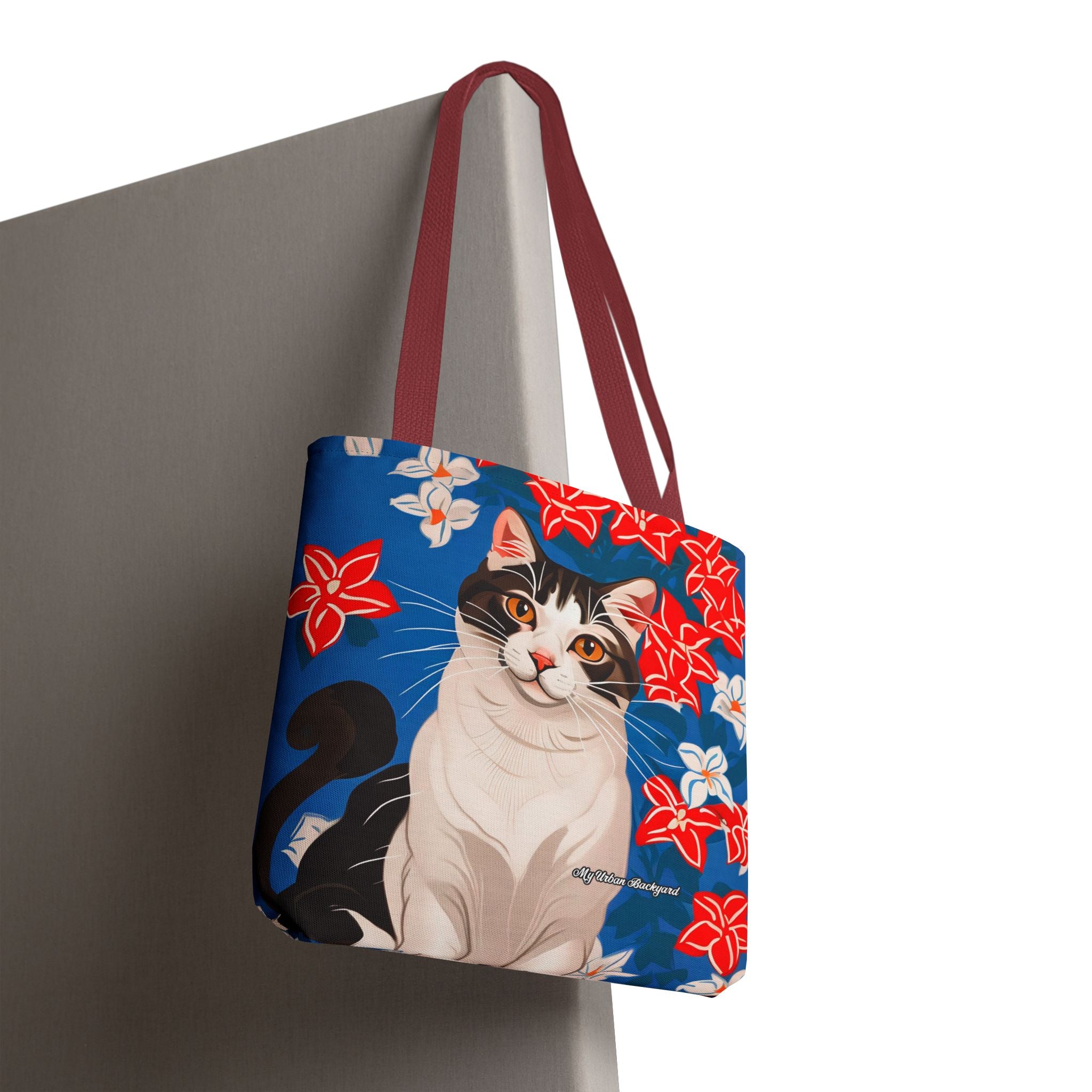 Cat with Red and White Flowers, Tote Bag with Cotton Handles For Everyday Use, 3 Sizes