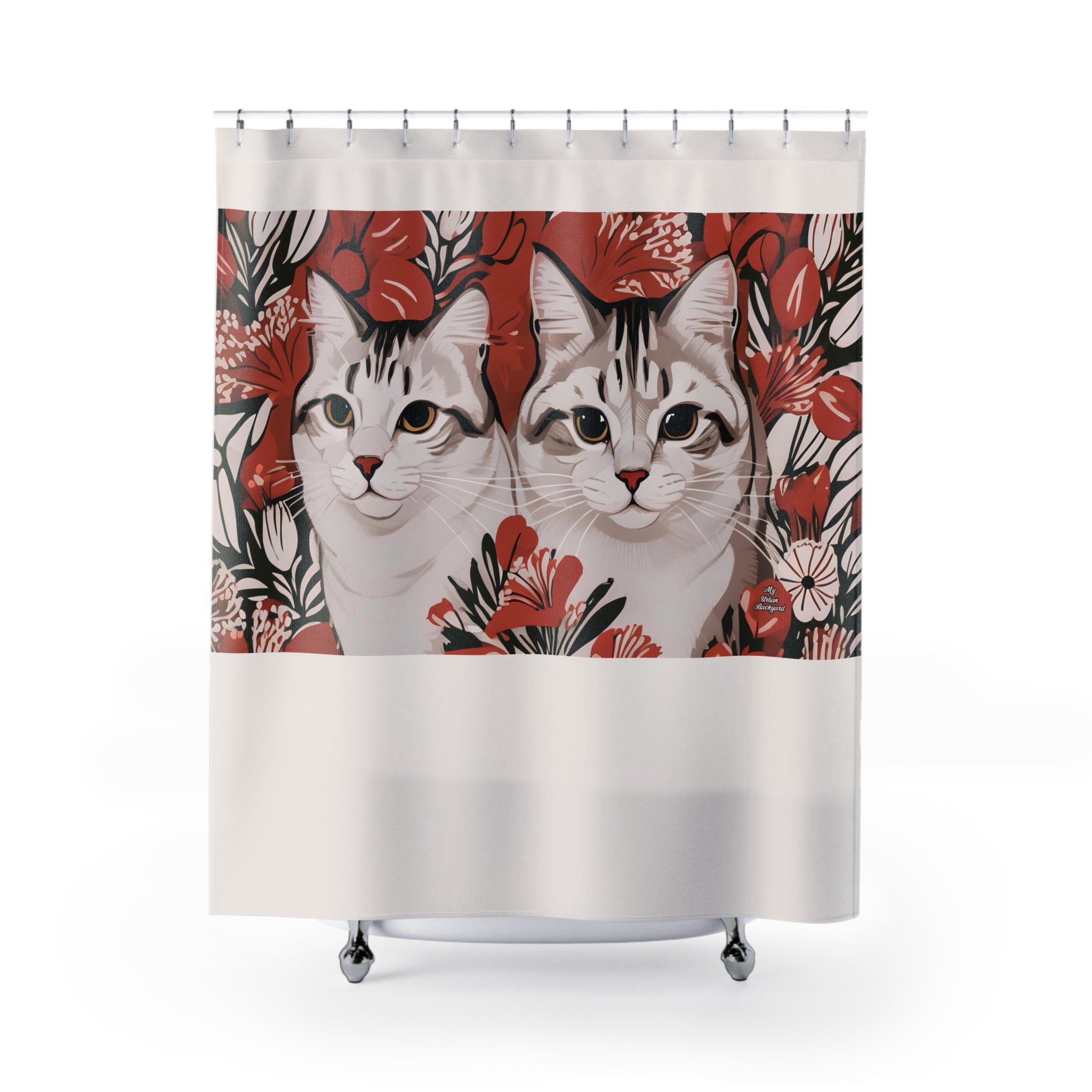 Cream Shower Curtain with Tess & Jess Clawfield, Tabby Cats Graphic - 71" x 74"