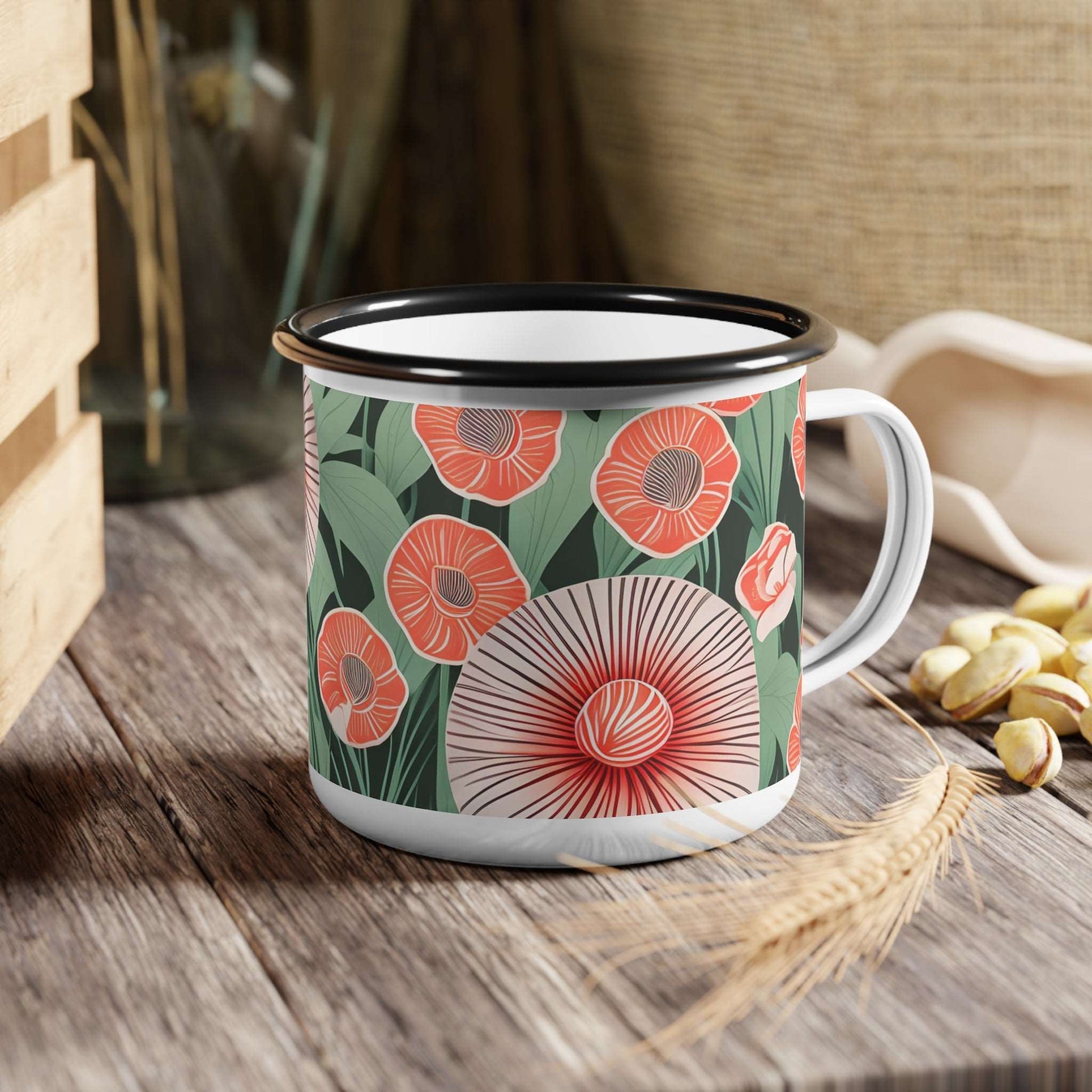 Enamel Camping Mug for Coffee, Tea, Hot Cocoa, Cereal, 12oz, Red Art Deco Flowers