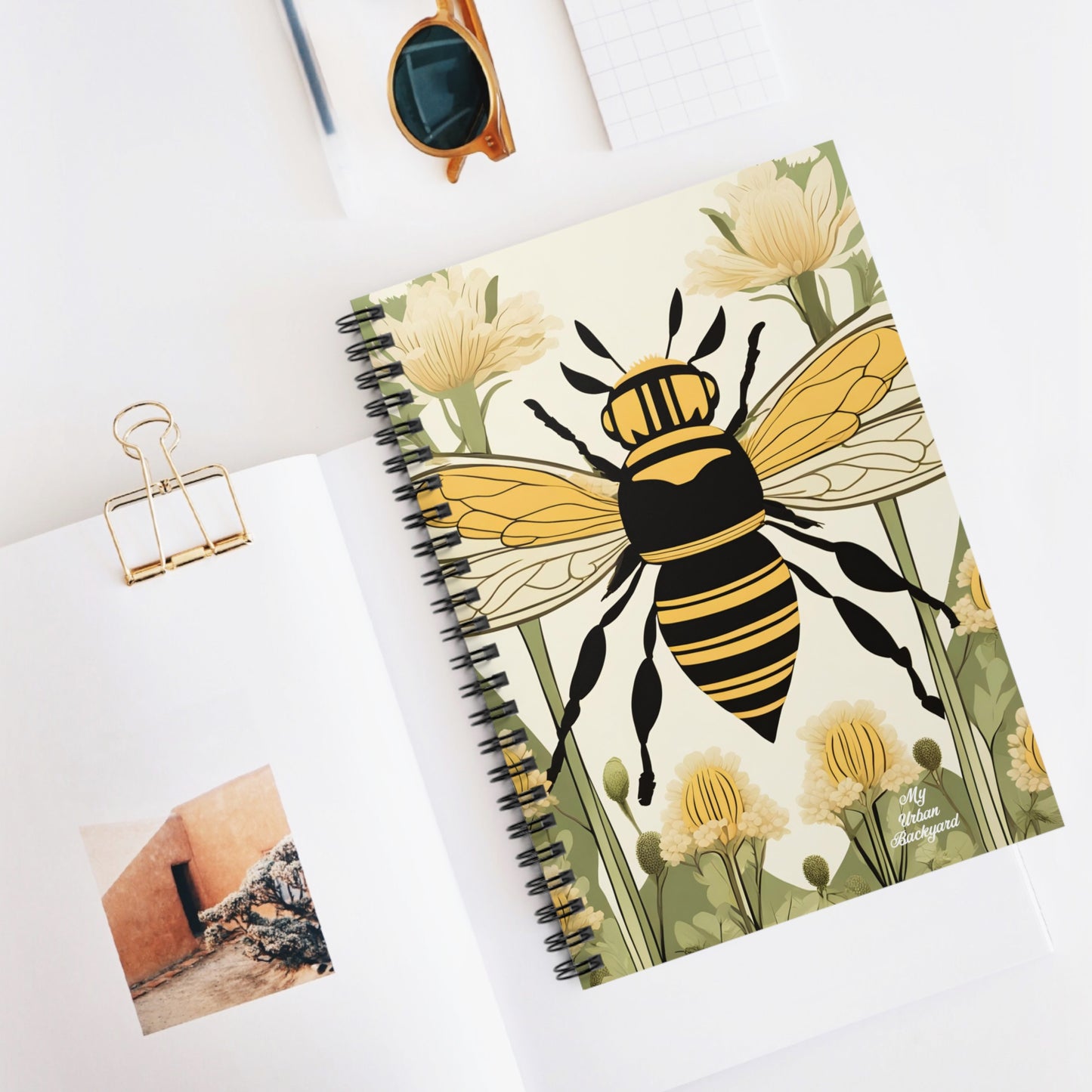 Bee with Flowers, Spiral Notebook Writing Journal - 118 Ruled Pages