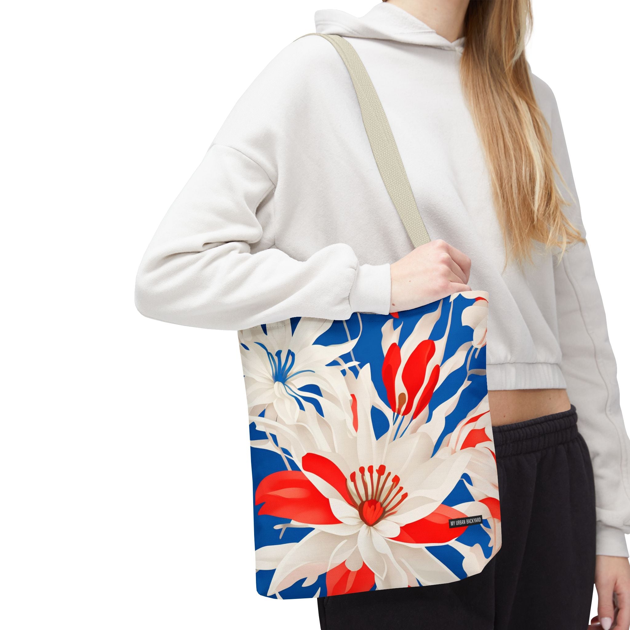 Red, White & Blue Flowers, Everyday Tote Bag w Cotton Handles