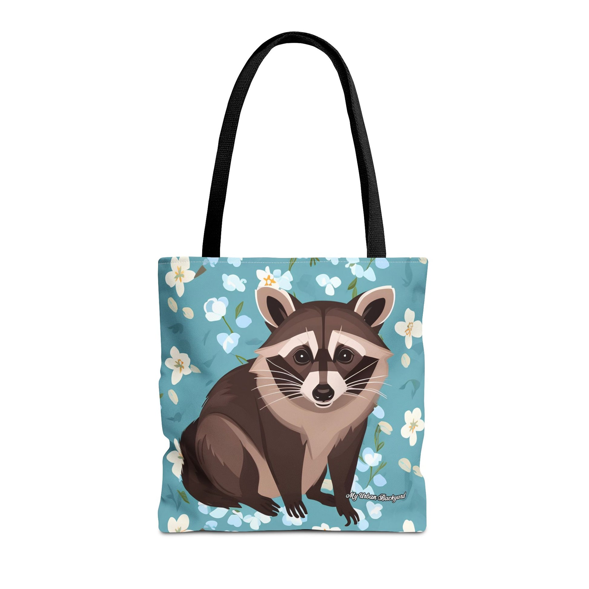 Young Raccoon w Flowers Tote Bag with Cotton Handles For Everyday Use, 3 Sizes