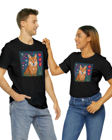 Coyote w Red Flowers, Soft 100% Jersey Cotton T-Shirt, Unisex, Short Sleeve, Retail Fit