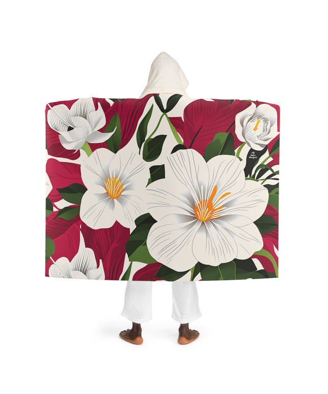 White Flowers on Red, Cozy Hooded Sherpa Fleece Blanket