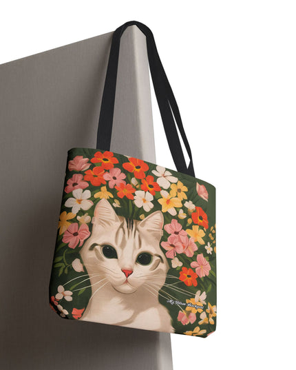 White Cat with Flowers Tote Bag with Cotton Handles For Everyday Use, 3 Sizes