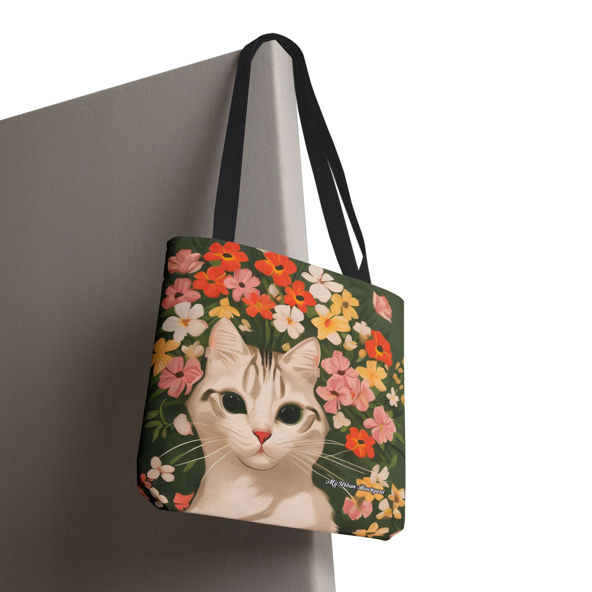 White Cat with Flowers Tote Bag with Cotton Handles For Everyday Use, 3 Sizes