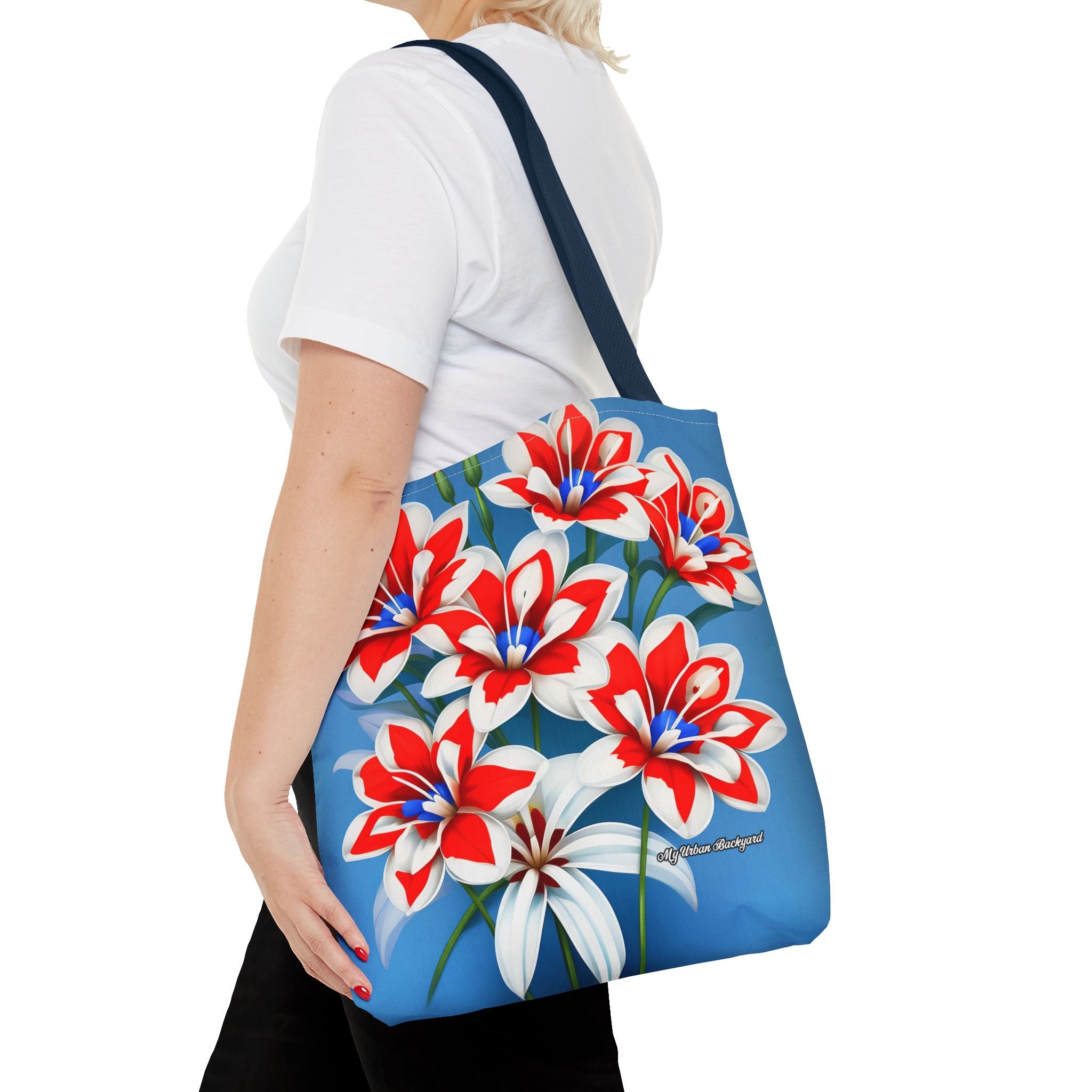 Bouquet of Red White and Blue Flowers Tote Bag with Cotton Handles For Everyday Use, 3 Sizes