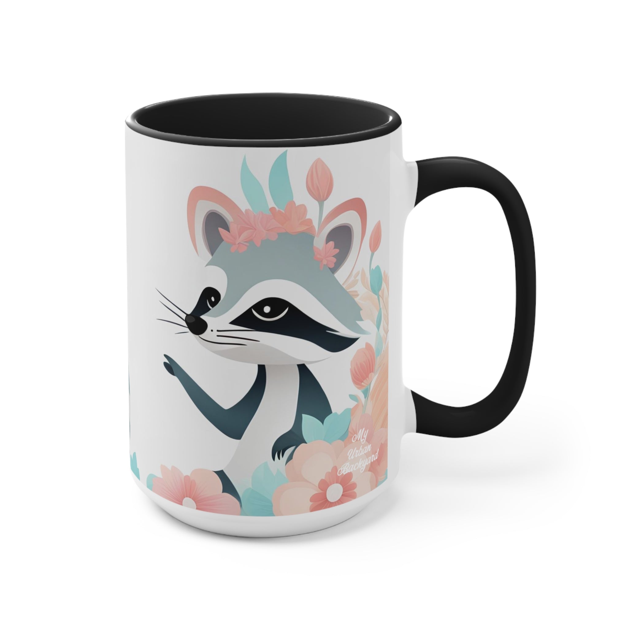 Two Raccoons with Pastel Flowers, Ceramic Coffee Mug