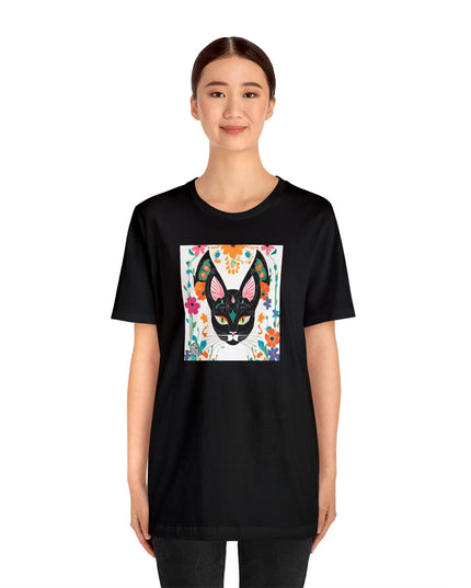Black Cat w Green Eyes & Flowers, Soft 100% Jersey Cotton T-Shirt, Unisex, Short Sleeve, Retail Fit