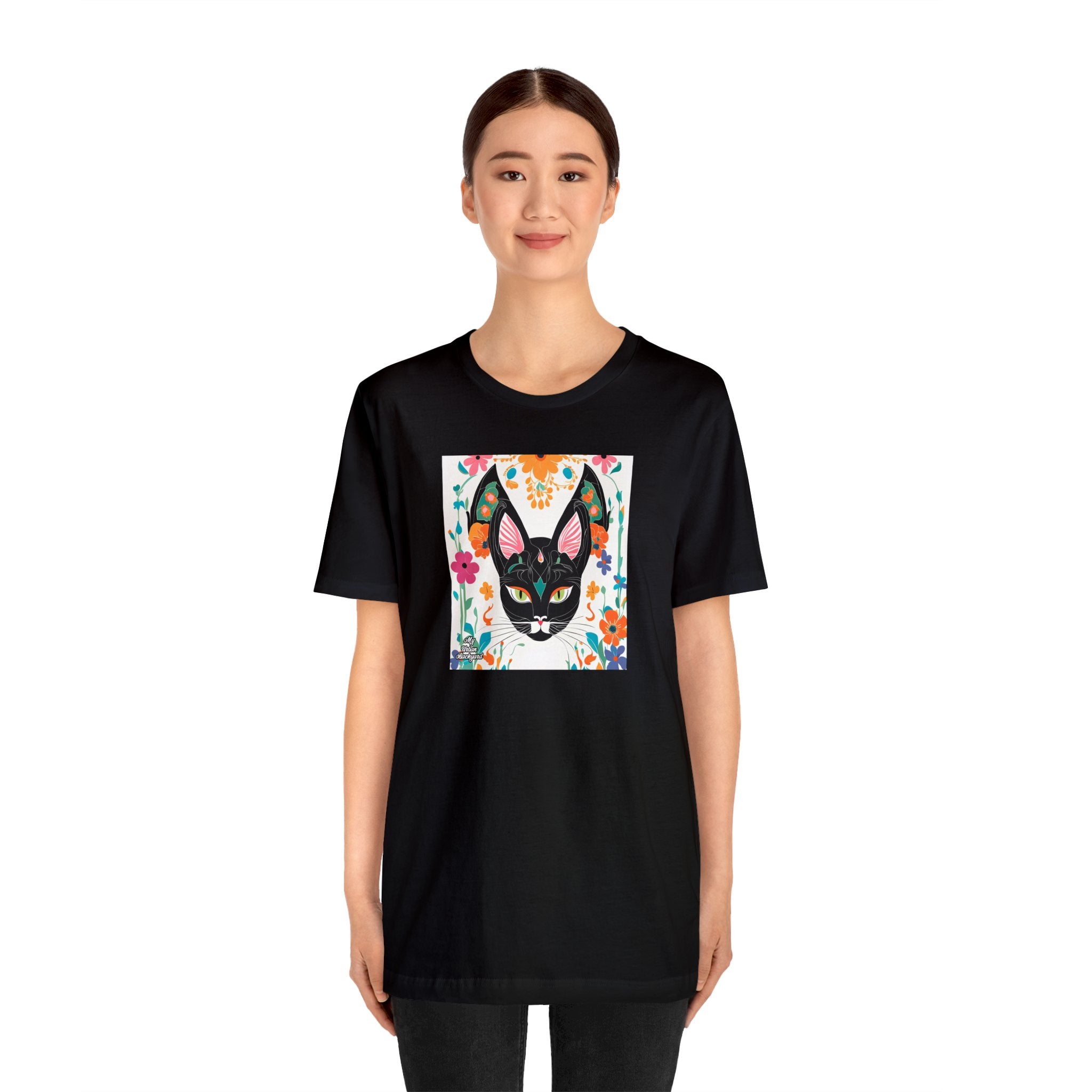 Black Cat w Green Eyes & Flowers, Soft 100% Jersey Cotton T-Shirt, Unisex, Short Sleeve, Retail Fit