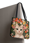 White Cat with Flowers Tote Bag with Cotton Handles For Everyday Use, 3 Sizes