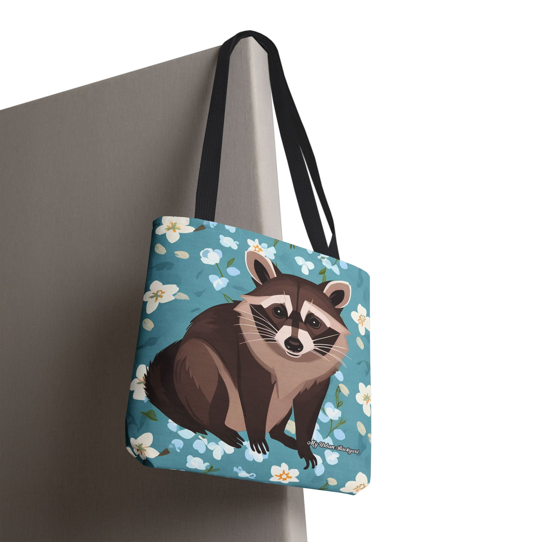 Young Raccoon w Flowers Tote Bag with Cotton Handles For Everyday Use, 3 Sizes