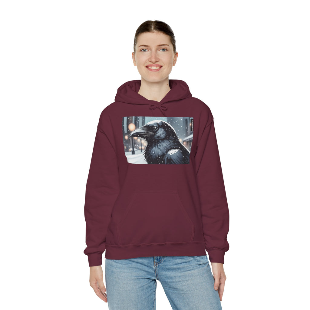 Urban Crow In Falling Snow Hoodie — Comfy Winter Graphic Hoodie
