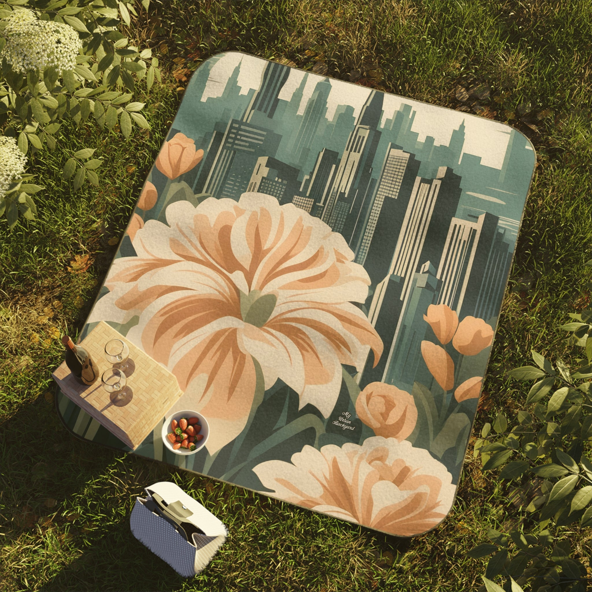 Flowers and a City, Outdoor Picnic Blanket with Soft Fleece Top, Water-Resistant Bottom, 51" × 61"