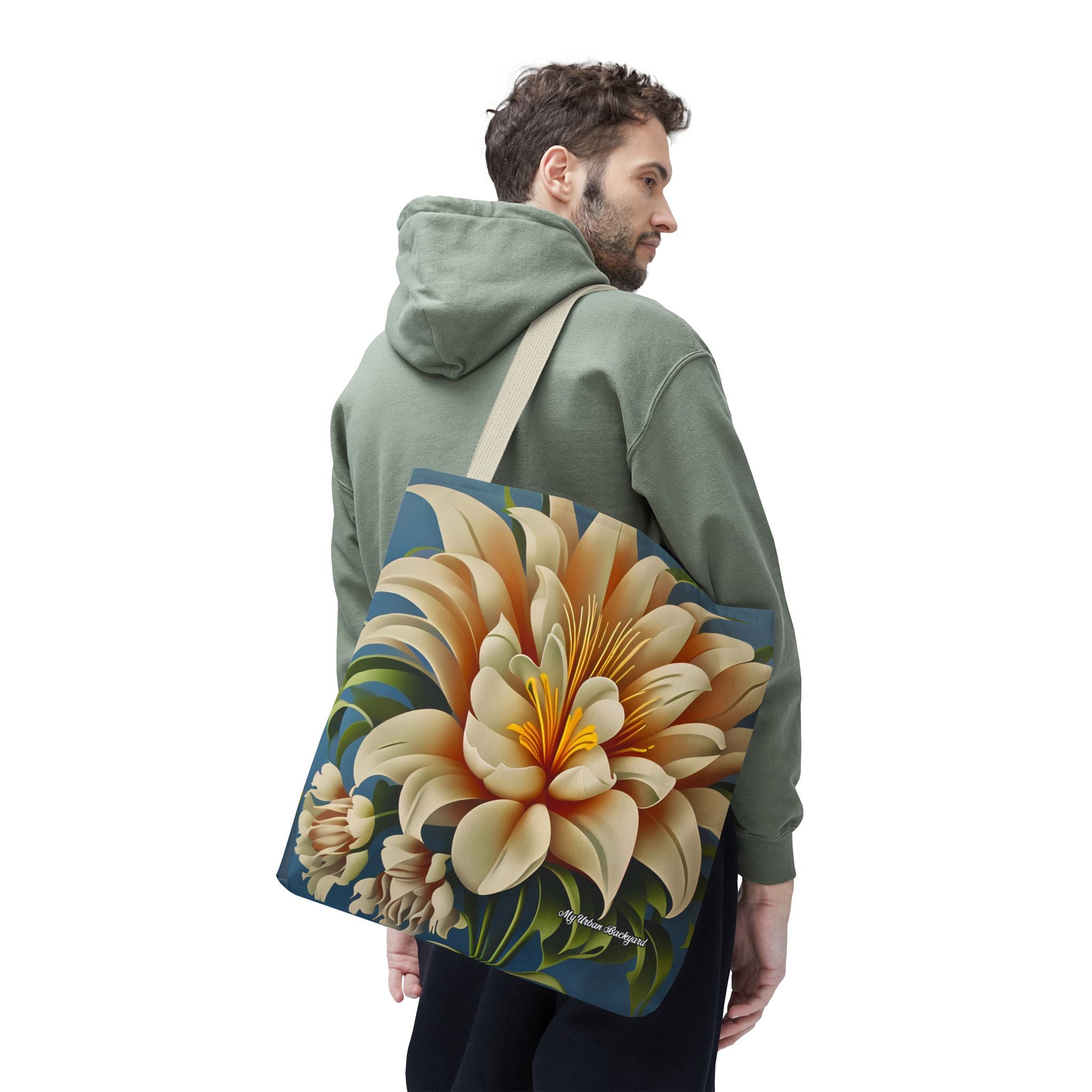 Large White Flower Tote Bag with Cotton Handles For Everyday Use, 3 Sizes