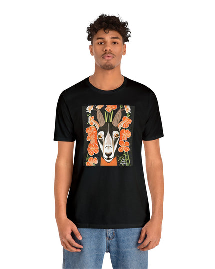 Goat with Orange Flowers, Soft 100% Jersey Cotton T-Shirt, Unisex, Short Sleeve, Retail Fit