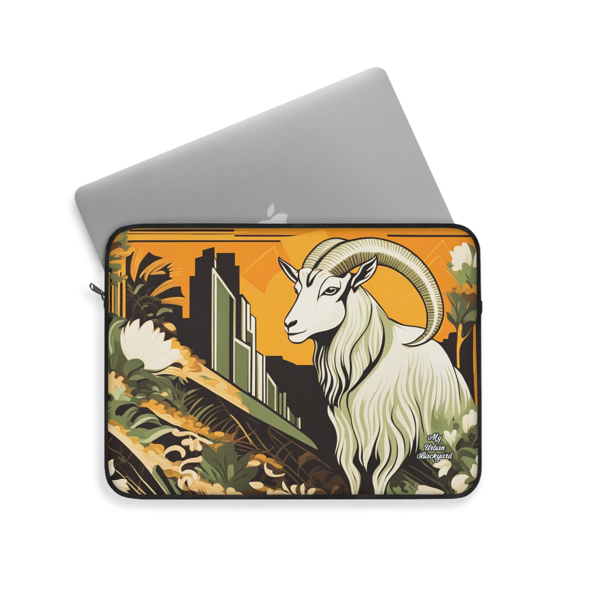 A laptop carrying case with a top-loading design. The case is open, revealing a laptop, and displays a colorful artwork of a goat on a cityscape background.
