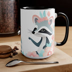 Ceramic Mug for Coffee, Tea, Hot Cocoa. Home/Office, Two Raccoons w Pastel Flowers