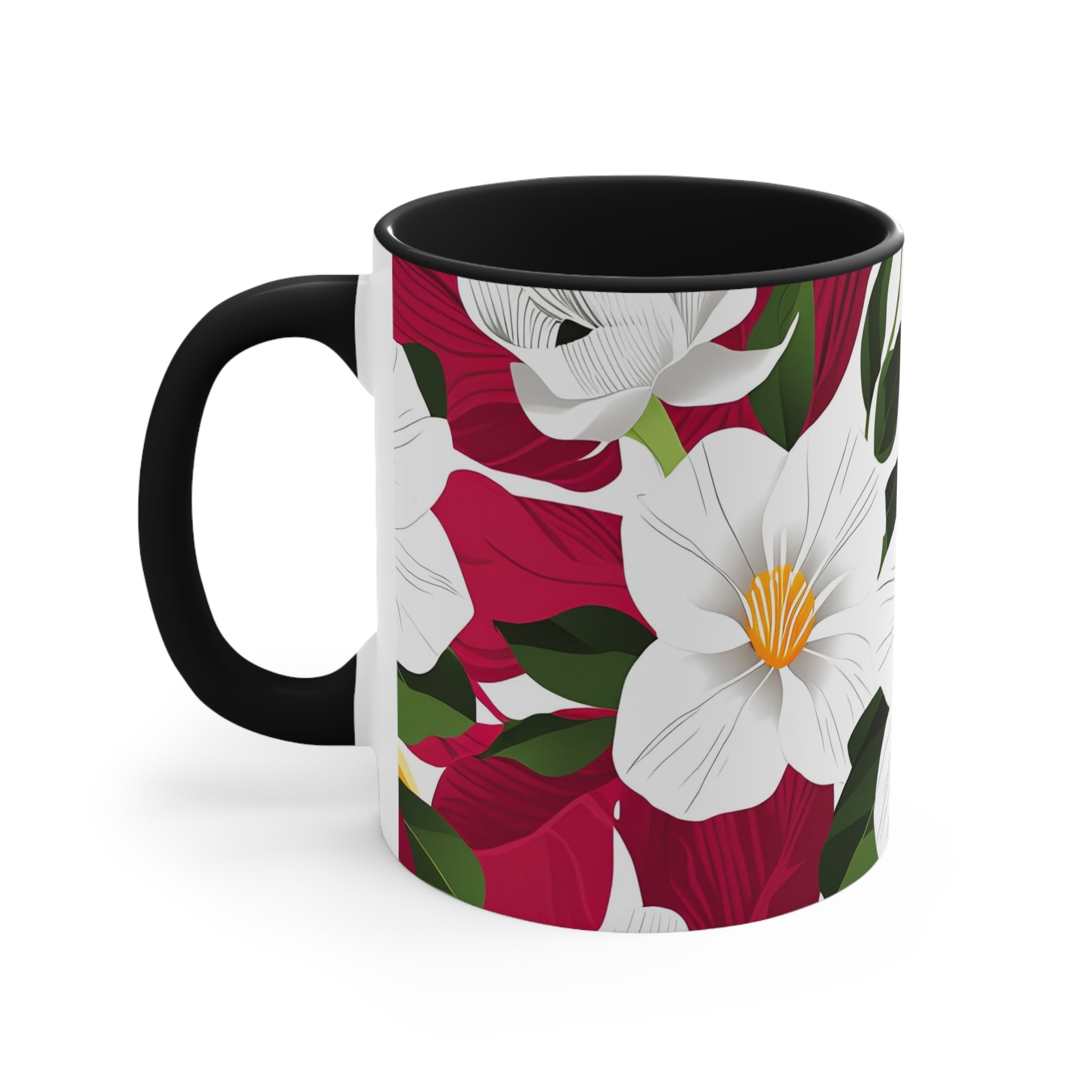White Flowers on Red, Ceramic Coffee Mug