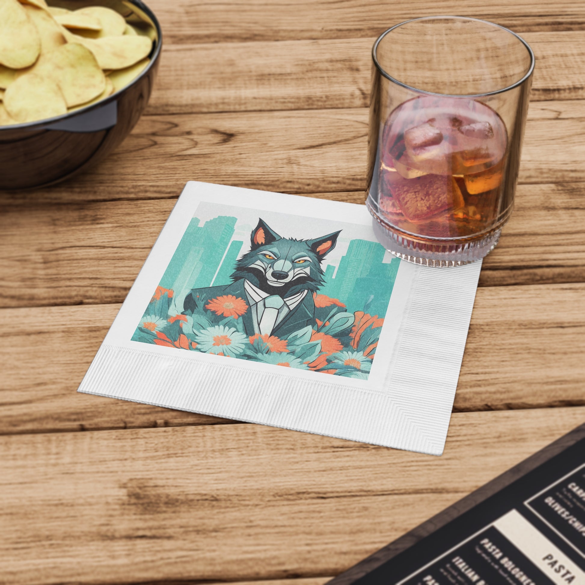 Vincent Blueclaw, Wolf in Suit Cocktail Napkins — Stylish Cocktail Party & Event Beverage Napkins, 2 sizes, Pack of 50 or 100
