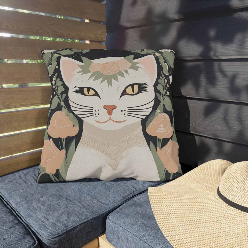 Genevieve Meowcroft, Sage accent color, Cat Throw Pillow, Indoor/Outdoor Decor for Home or Office