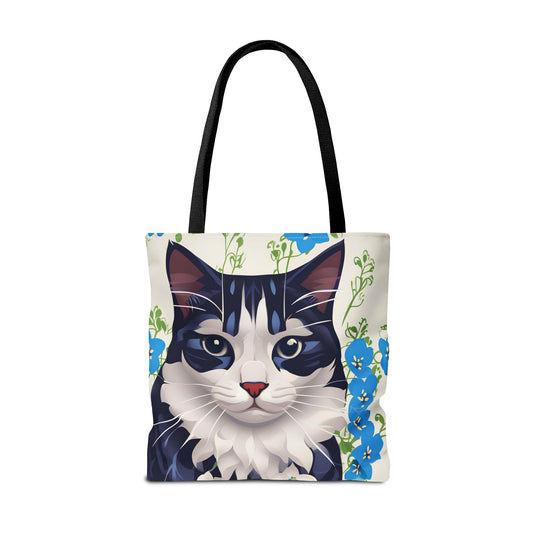 Cat and Blue Flowers Tote Bag