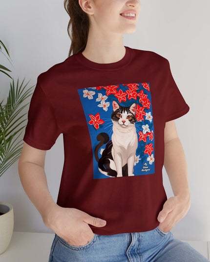 Cat with Red and White Flowers, Soft 100% Jersey Cotton T-Shirt, Unisex, Short Sleeve, Retail Fit