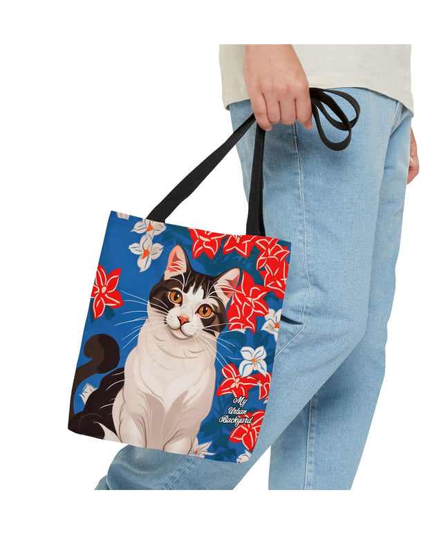 Everyday Tote Bag w Cotton Handles, Reusable Shoulder Bag, Cat and Red White & Blue Flowers