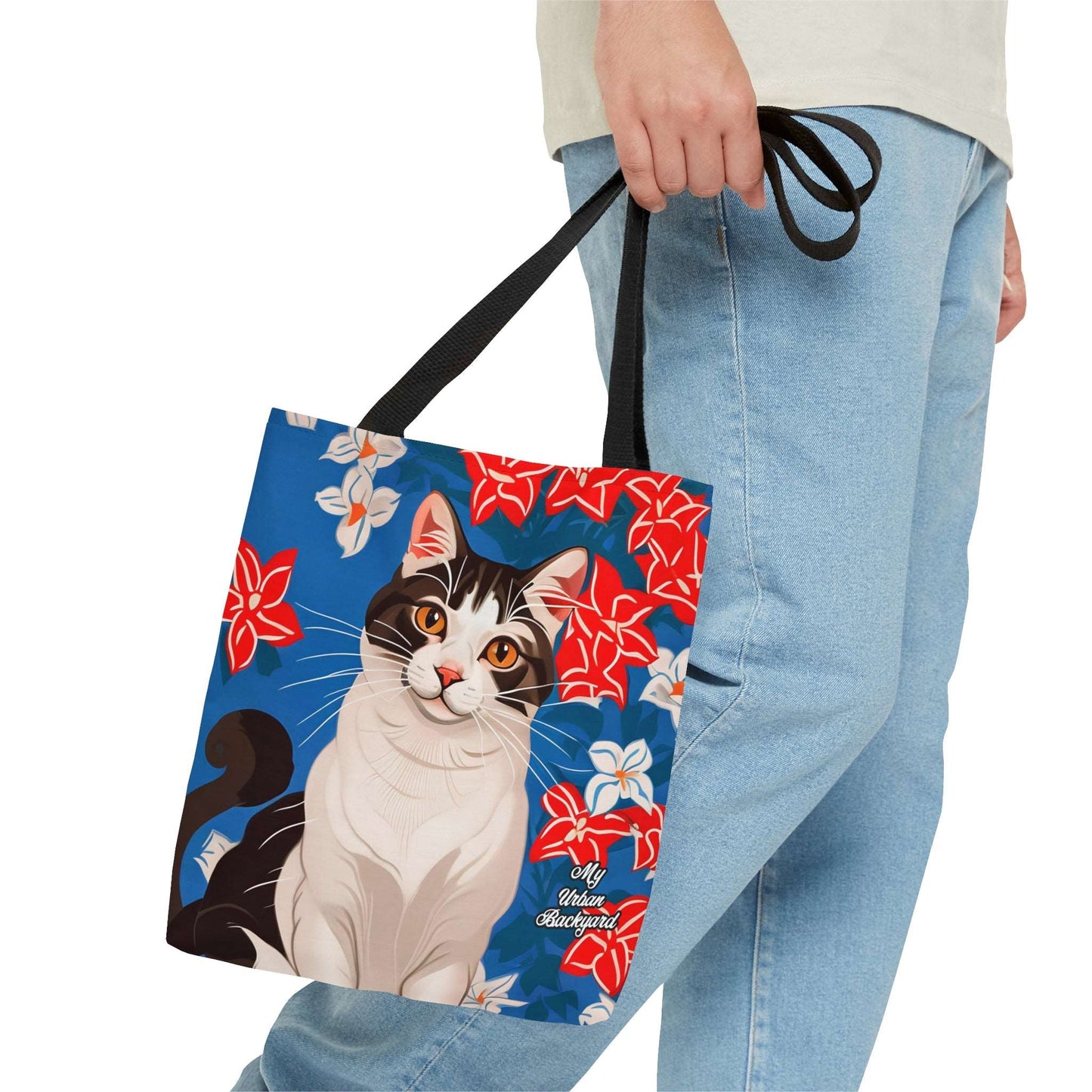 Everyday Tote Bag w Cotton Handles, Reusable Shoulder Bag, Cat and Red White & Blue Flowers