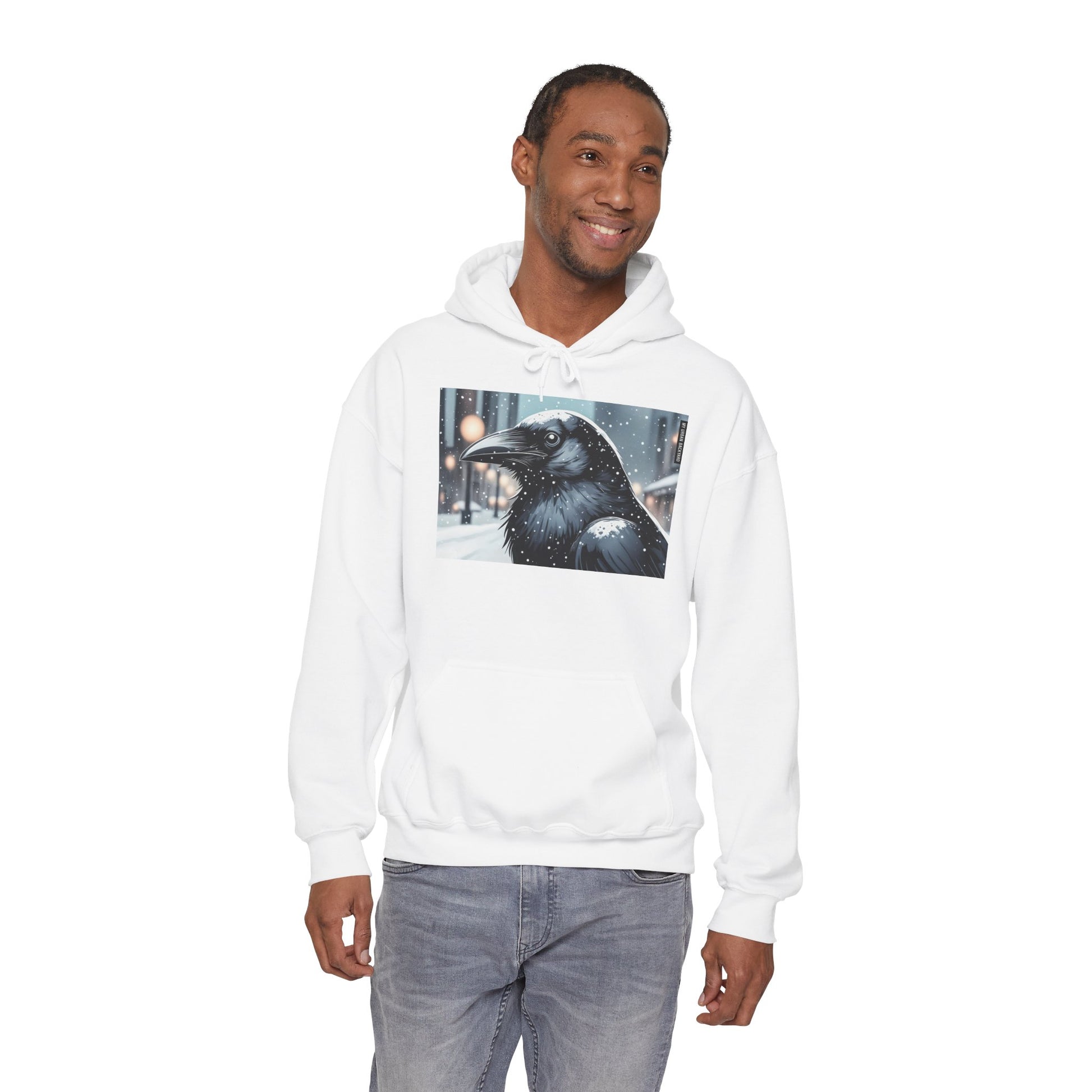 Urban Crow In Falling Snow Hoodie — Comfy Winter Graphic Hoodie