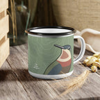 Enamel Camping Mug for Coffee, Tea, Hot Cocoa, Cereal, 12oz, Hummingbirds Ryoko & Duko on Sage Green