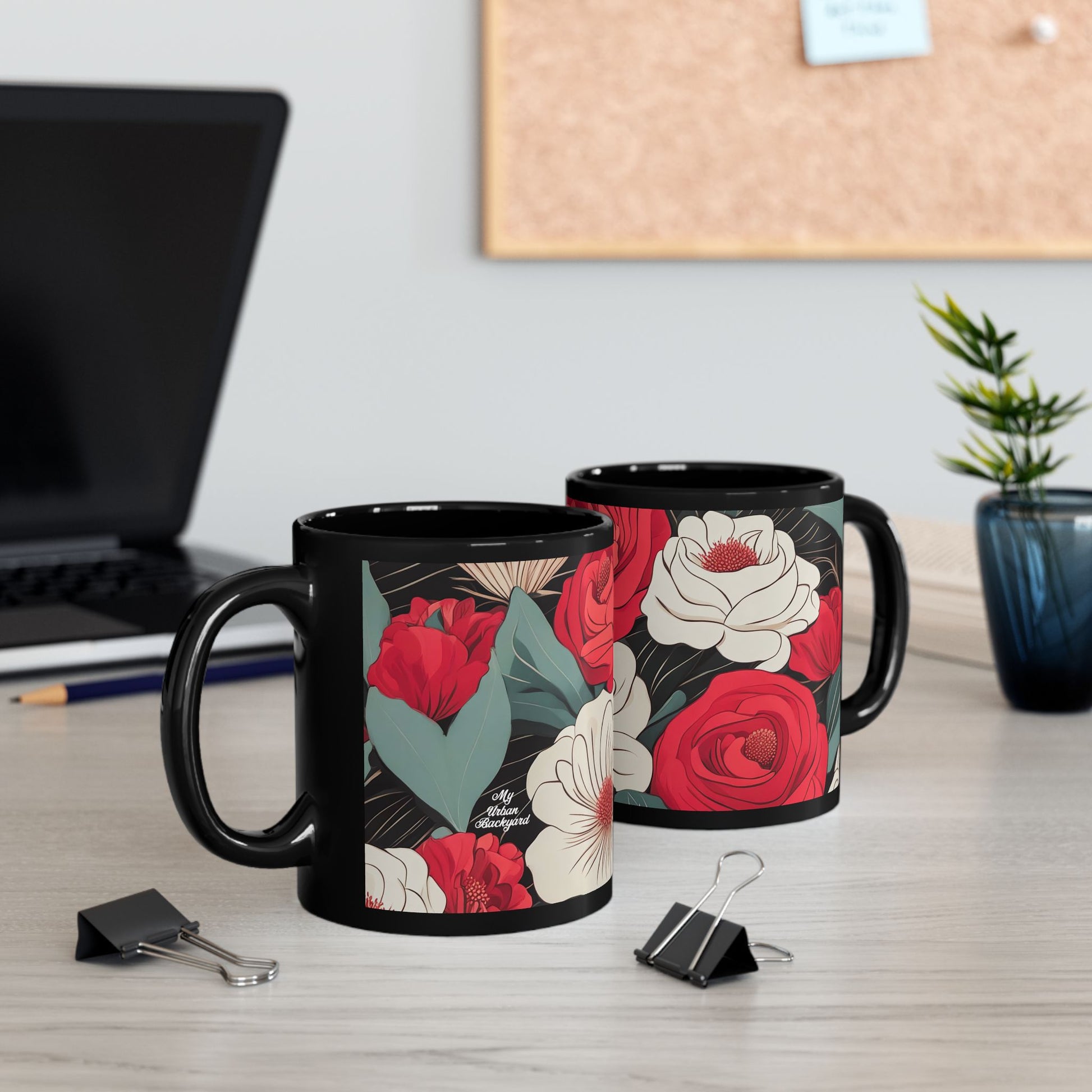 Floral Black Mug - Perfect for Coffee Lovers, Gift for Her, Home Decor, Botanical Design, Floral Coffee Cup