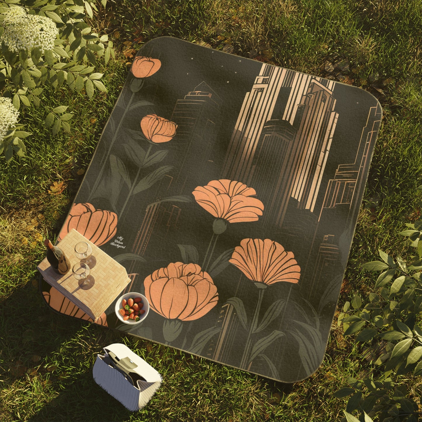 Urban Evening with Flowers, Outdoor Picnic Blanket with Soft Fleece Top, Water-Resistant Bottom, 51" × 61"