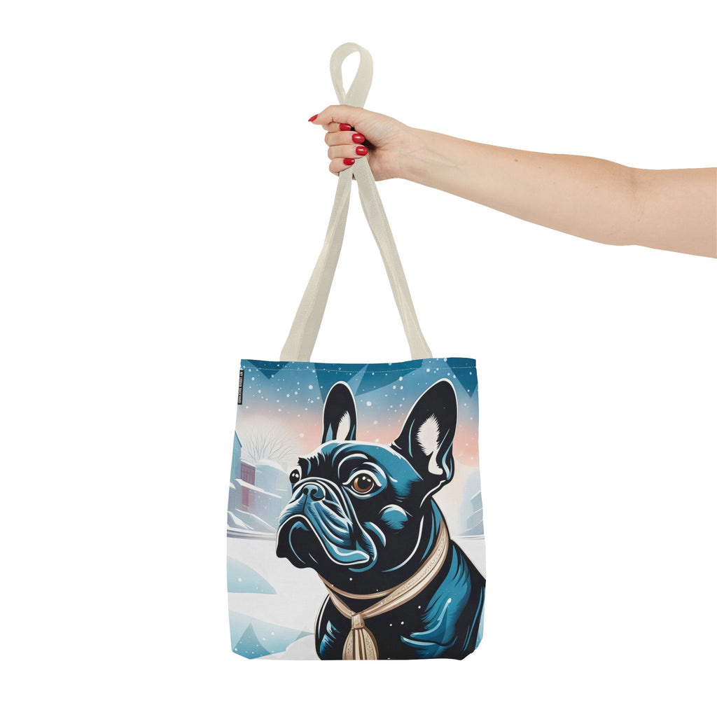 French Bulldog Winter Tote Bag — Snowy Pup All-Over Print Tote
