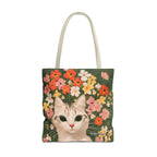 White Cat with Flowers Tote Bag with Cotton Handles For Everyday Use, 3 Sizes