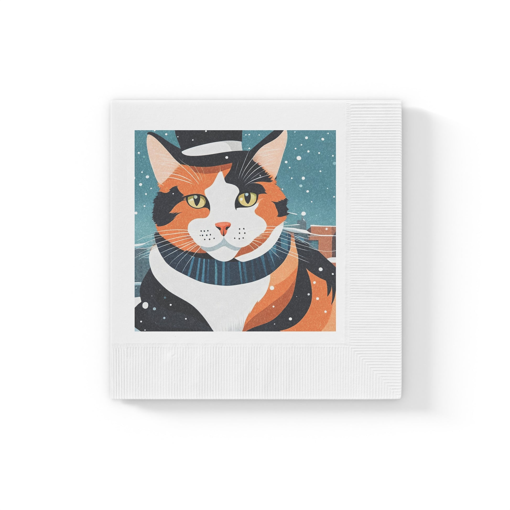 Winter Calico Cat Cocktail Napkins — Festive Cat Napkins for Holiday Parties, 2 sizes, Pack of 50 or 100